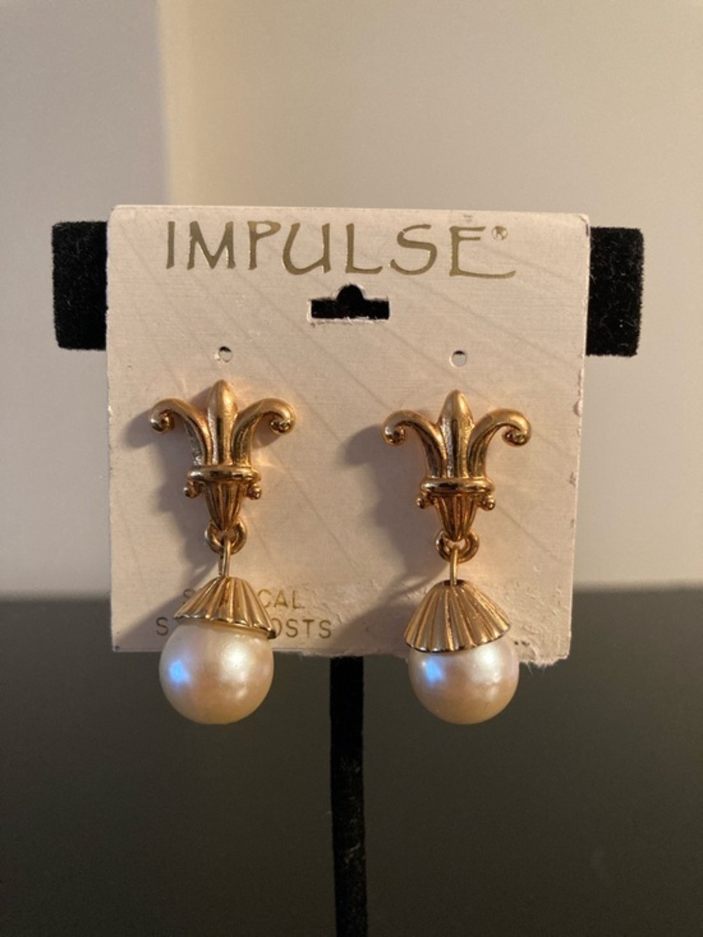 Impulse Gold Fleur-de-Lis Drop Earrings with White Pearl Drops